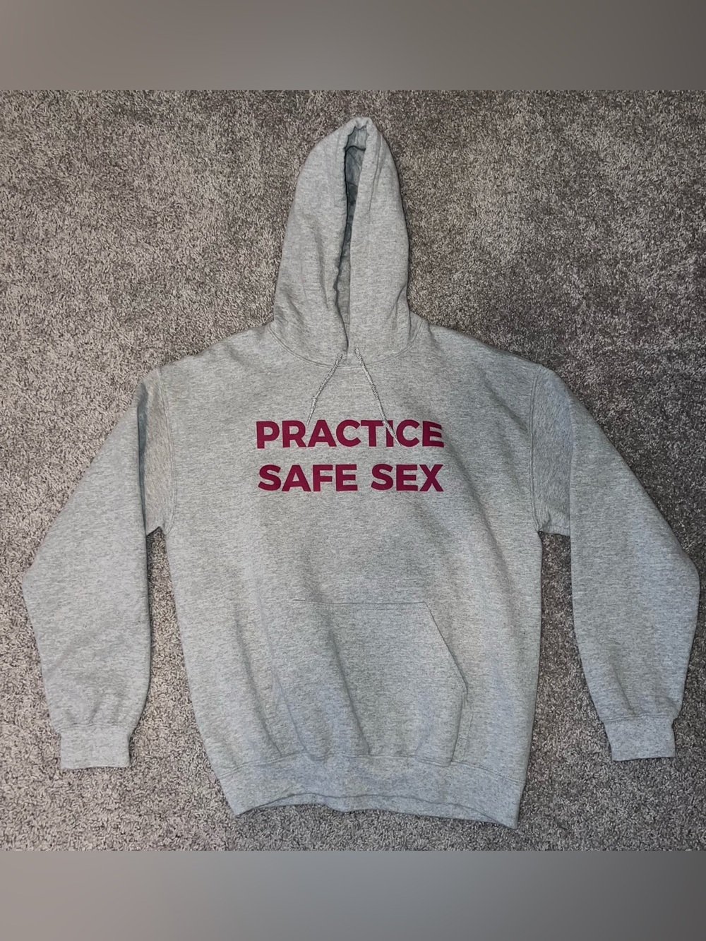 Danny Duncan Grey Hoodie with Bold Maroon "PRACTICE SAFE SEX" Print
